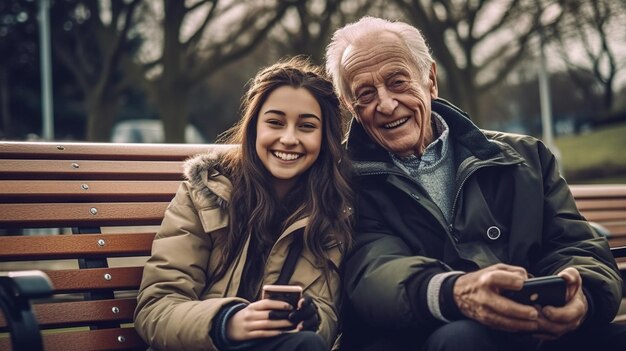 Grand father and grand daughter sitting together on park bench using smart mobile