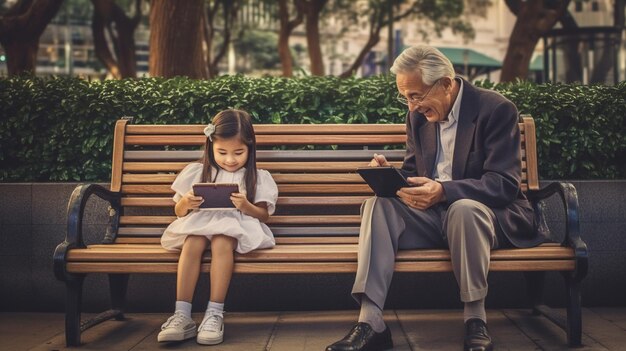 Grand father and grand daughter sitting together on park bench using smart mobile