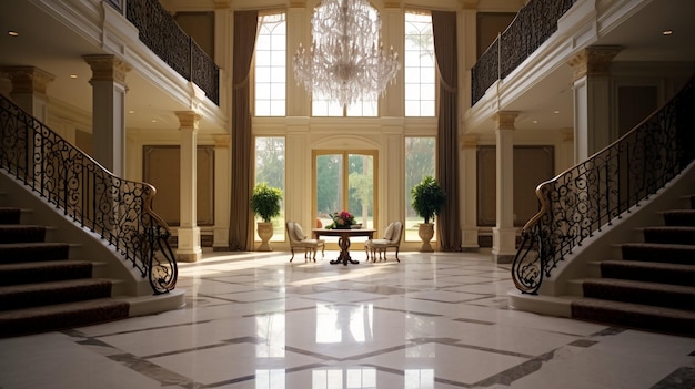 Foto un grande foyer d'ingresso con uno splendido lampadario