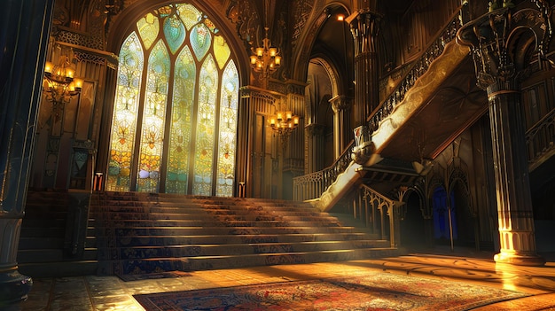 The grand hall of a medieval castle with stained glass windows a marble floor and a spiral staircase leading to the upper levels