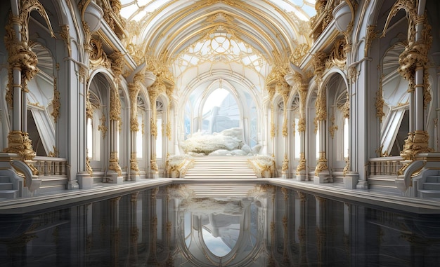 grand hall and mirrored reflection in the glass in the style of dark white and light gold