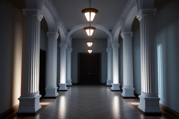 grand hallway with illuminated columns and symmetrical lighting generative ai