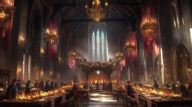 Photo grand holiday feast at a magical school with tower
