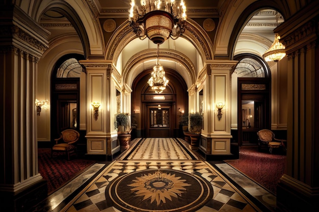 A grand hotel entrance with marble flooring and chandeliers created with generative ai