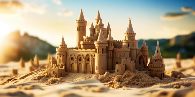 Grand intricate sandcastle on the beach during a summer day with a bluured city backdrop Generative AI