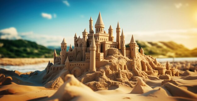 Grand intricate sandcastle on the beach during a summer day with a bluured city backdrop Generative AI