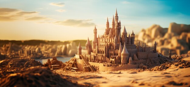 Великий сложный песчаный замок на пляже в летний день с голубым фоном города Генеративный ИИ