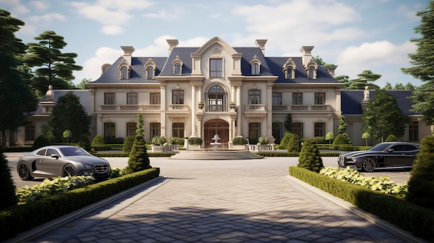 A grand mansion with a sweeping driveway and manicured gardens