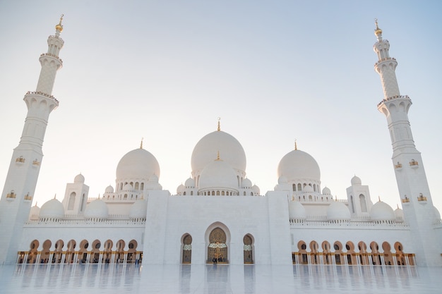 Grand Mosque in Abu Dhabi in the evening. Panorama of exterior of Sheikh Zayed Mosque.