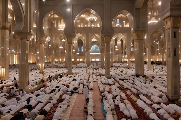 Foto la grande moschea piena di file la maestosa preghiera di taraweeh nel ramadan