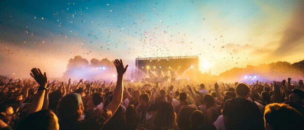 Grand open air music concert festival with Cheering crowd Scene with searchlight colorful confet