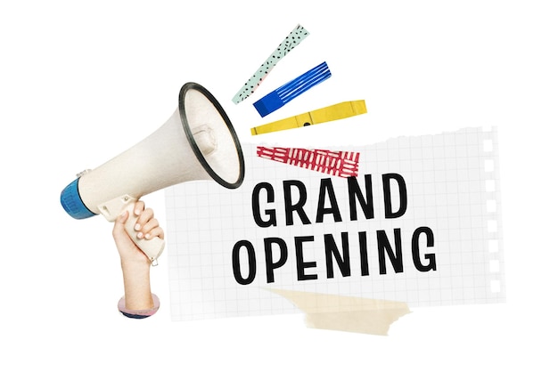 Grand opening aankondiging png papier collage sticker doorzichtige achtergrond