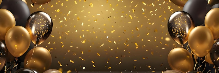 Photo grand opening birthday party and black friday sale banner with gold confetti and balloons
