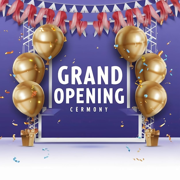 Photo grand opening golden confetti and scissors cutting red silk ribbon inauguration ceremony banner