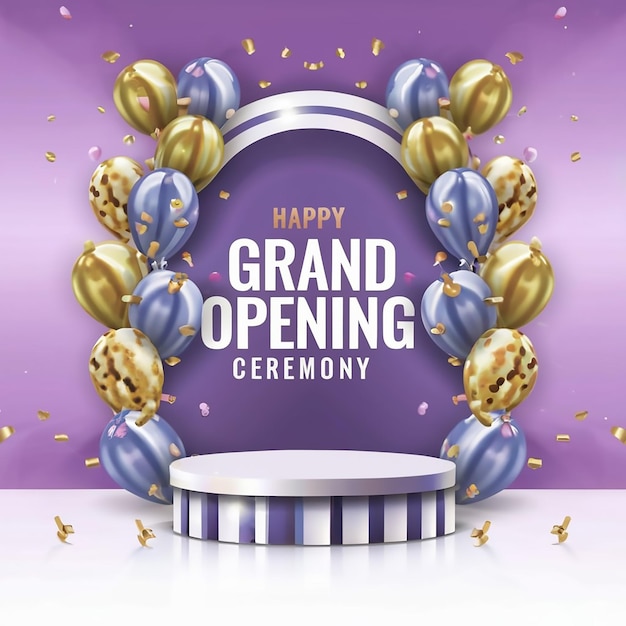 Photo grand opening golden confetti and scissors cutting red silk ribbon inauguration ceremony banner