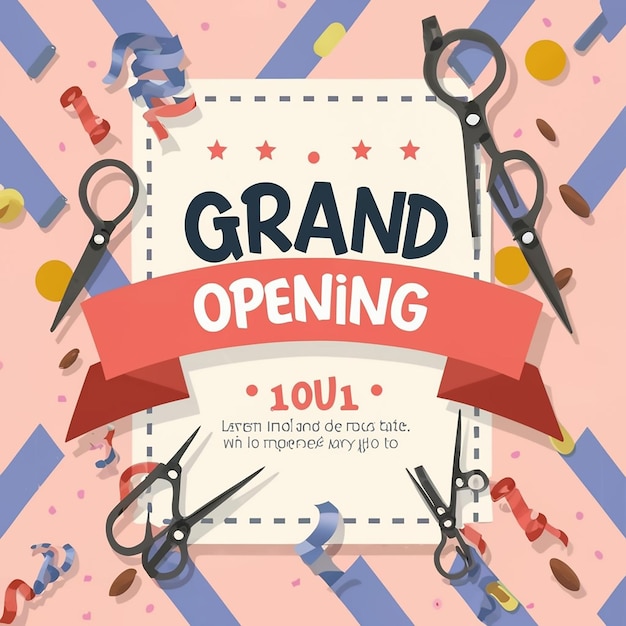 Photo grand opening golden confetti and scissors cutting red silk ribbon inauguration ceremony banner