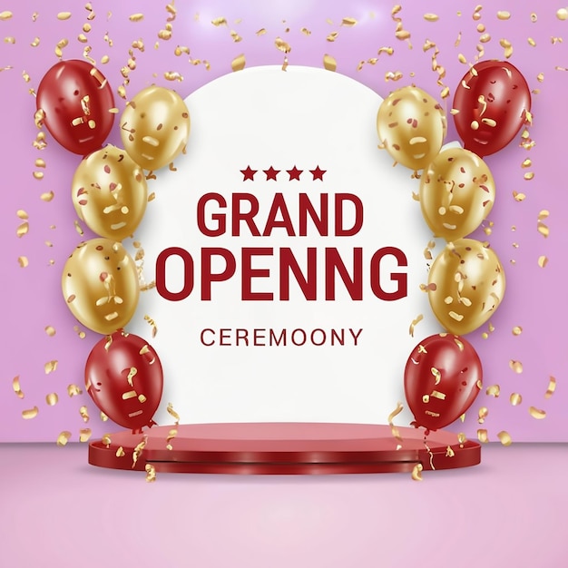 Photo grand opening golden confetti and scissors cutting red silk ribbon inauguration ceremony banner