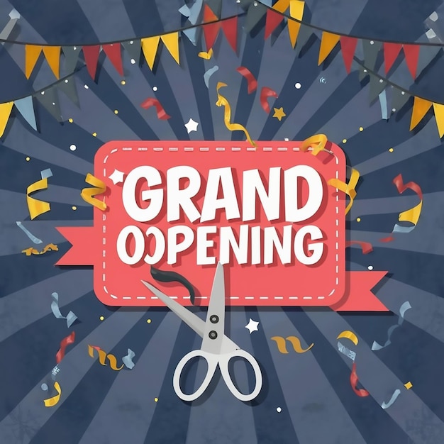 Photo grand opening golden confetti and scissors cutting red silk ribbon inauguration ceremony banner