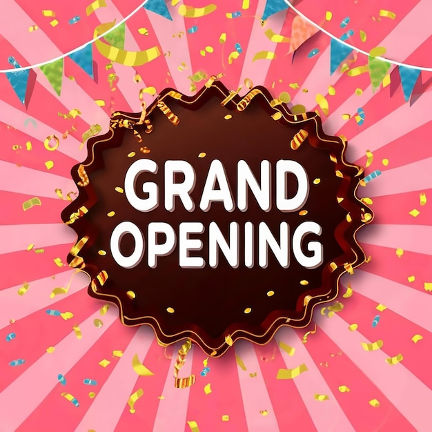 Grand opening Golden confetti and scissors cutting red silk ribbon inauguration ceremony banner