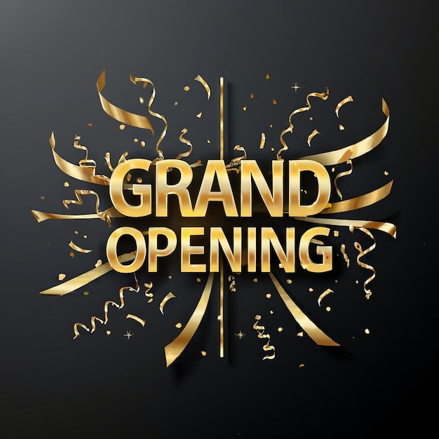 Grand opening Golden confetti and scissors cutting red silk ribbon inauguration ceremony banner