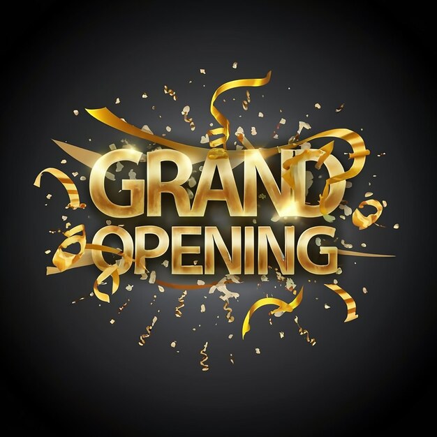 Photo grand opening golden confetti and scissors cutting red silk ribbon inauguration ceremony banner