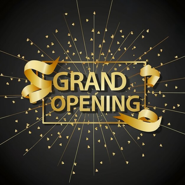 Grand opening Golden confetti and scissors cutting red silk ribbon inauguration ceremony banner