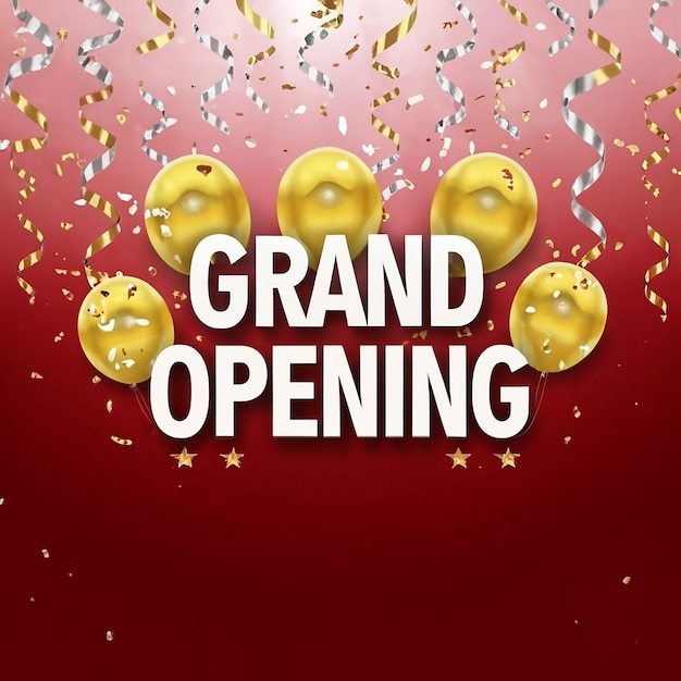 Photo grand opening golden confetti and scissors cutting red silk ribbon inauguration ceremony banner