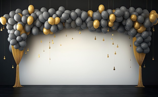 Grand opening invitation banner with black and gold balloons in empty room Presentation mock up