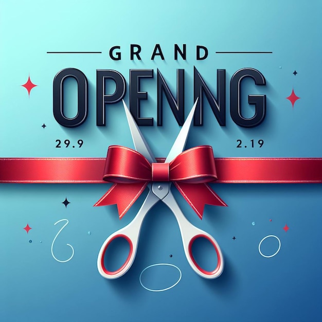 a grand opening sign is shown on a blue background