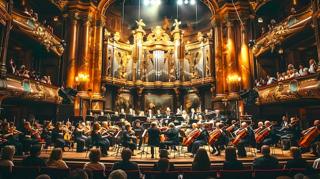 写真 grand orchestra performing in an opulent concert hall with audience classical music event a symphony of elegance and culture captured artistic performance venue illuminated ai