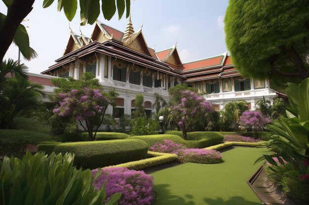 Grand palace surrounded by lush gardens and exotic fauna created with generative ai