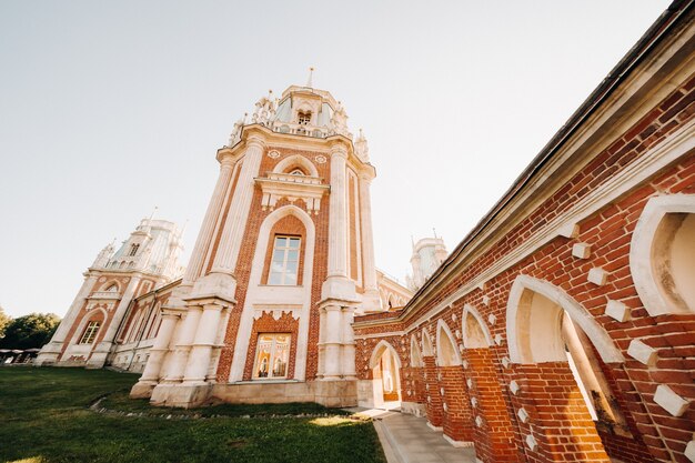 Grand Palace in Tsaritsyno in summer, Russia. Tsaritsyno Park is one of the main tourist attractions in Moscow. Beautiful scenic view of the old Tsaritsyn complex in summer.