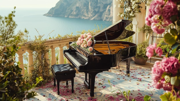 Pianoforte a coda nel design un decoro per una cena romantica in primavera in un giardino di alberi in fiore