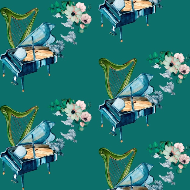 Grand piano harp and flowers watercolor seamless pattern on green