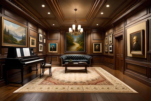 A grand piano is in a large room with a painting on the wall.