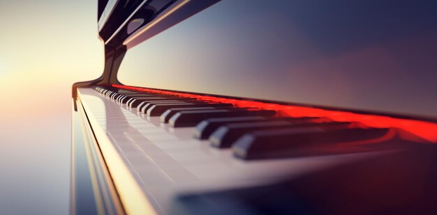 Grand piano keyboard on sunset sky background Music and entertainment