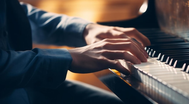 Grand piano keys and hands playing instrument for classical music entertainment or lessons closeup