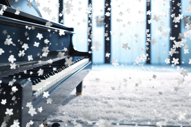 Foto tasti di pianoforte a coda con delicati fiocchi di neve adagiati su di essi creati con intelligenza artificiale generativa