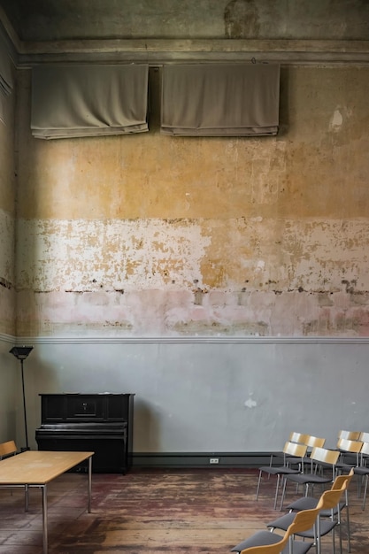 Grand piano or normal piano in a vintage room unpainted walls with dirt and humidity