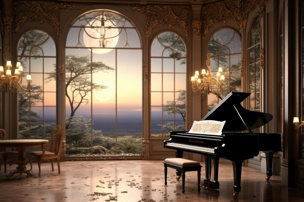 Foto un pianoforte a coda in una stanza con vista sull'oceano ai