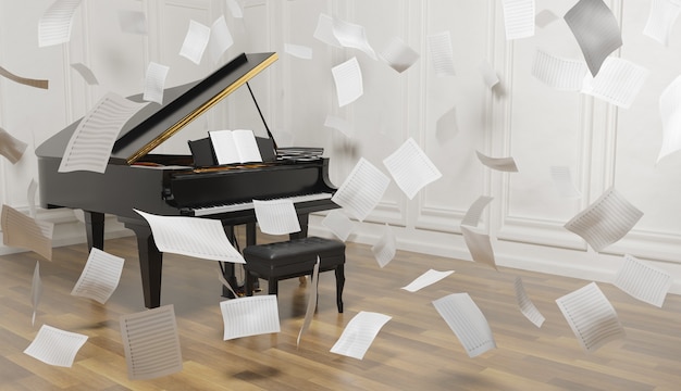 Grand piano in room with wooden floor and lots of sheet music falling in the air. 3d render