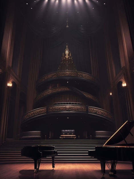 A grand piano sits center stage in a dimly lit theater its polished black surface reflecting