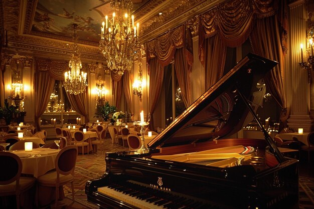 a grand piano sits in a large room with a chandelier hanging from the ceiling