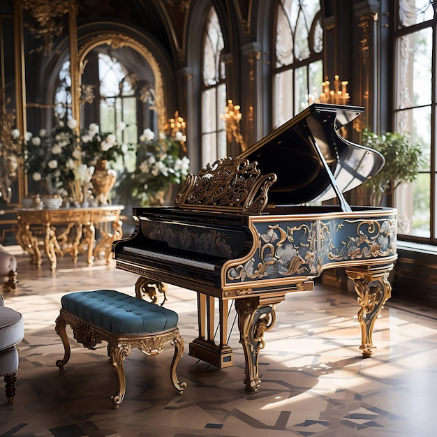 a grand piano with a blue bench and gold and gold accents