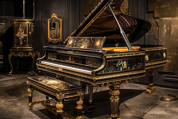 a grand piano with a flag on the top