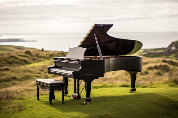 Grand piano with scenic coastal backdrop on green field