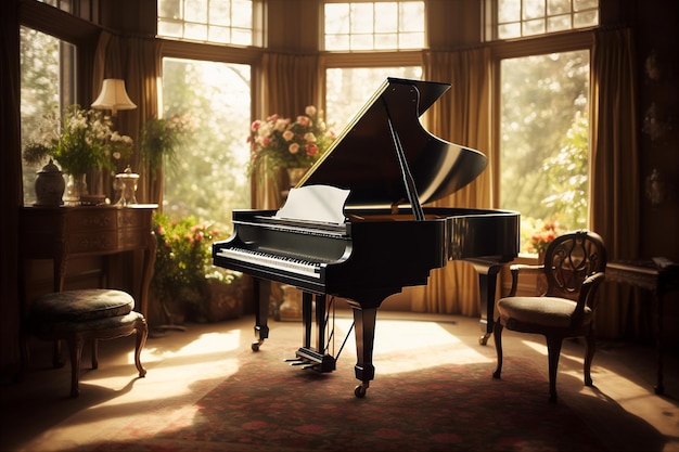 Grand piano zit in het midden van een elegante woonkamer ai gegenereerd