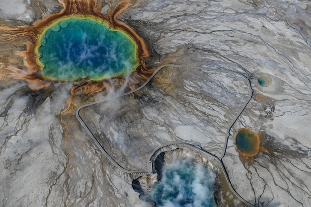 Grand prismatic spring in Yellowstone national park from above, USA