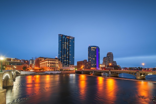 Grand Rapids Michigan USA downtown skyline on the Grand River