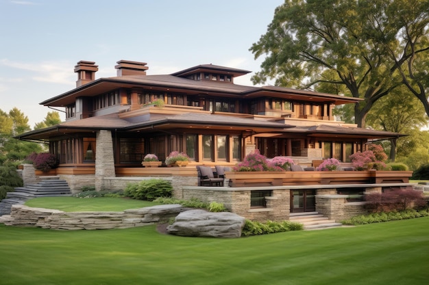 Большая резиденция с многочисленными окнами и обширным травяным ландшафтом дом в прерии, вдохновленный Фрэнком Ллойдом Райтом